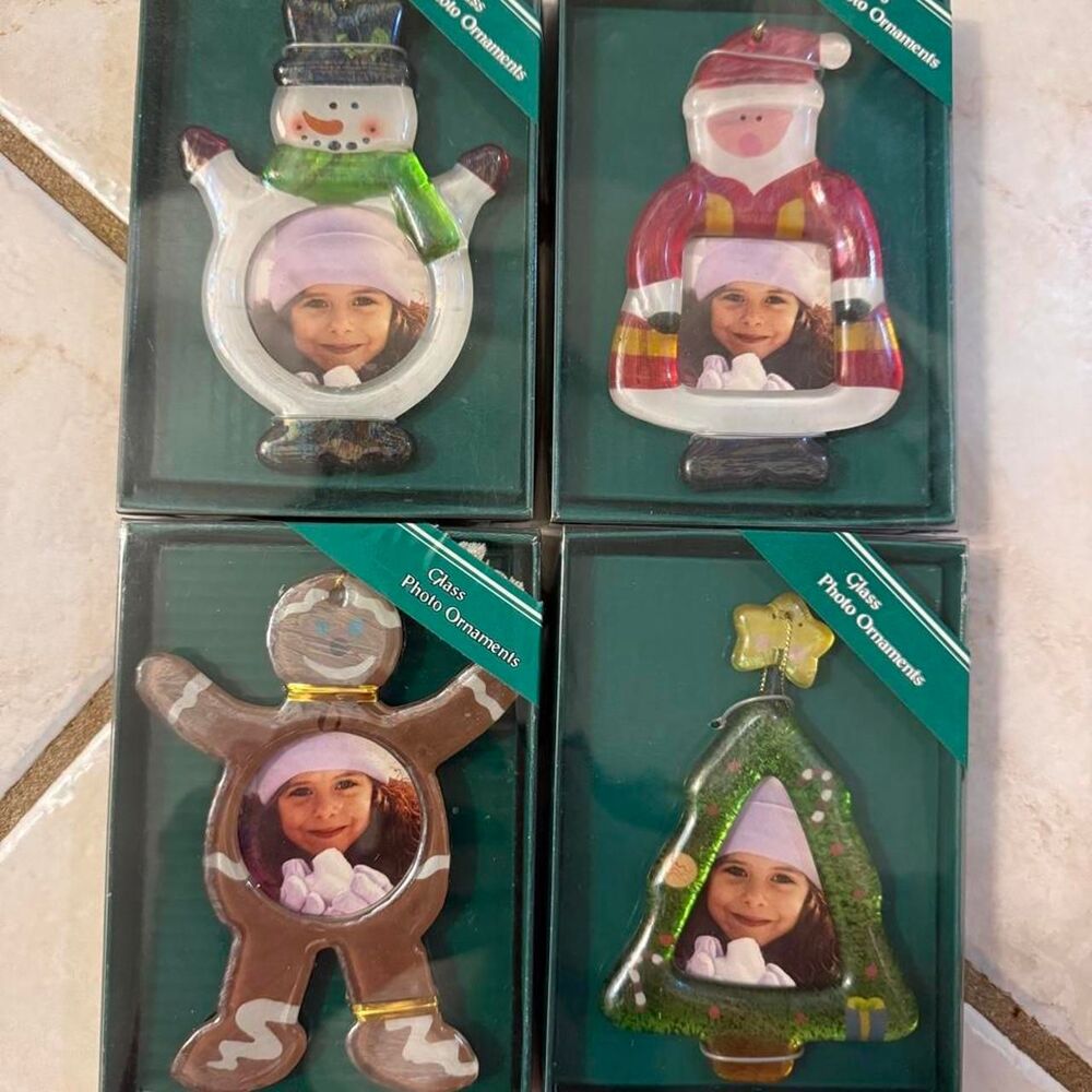 NWT Set of 4 glass Christmas ornaments with photo inserts. Santa, snow man,